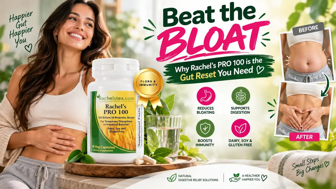 Rachel’s PRO 100 probiotic supplement for gut health and bloating support.